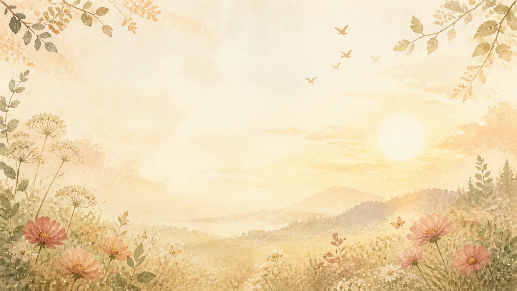 Aquarela: amanhecer dourado sobre um jardim tranquilo